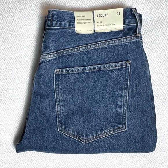 NWT AGOLDE Riley Crop Slim Straight High Rise Blue Sphere Raw Hem Sz 31 L25 - Picture 8 of 16